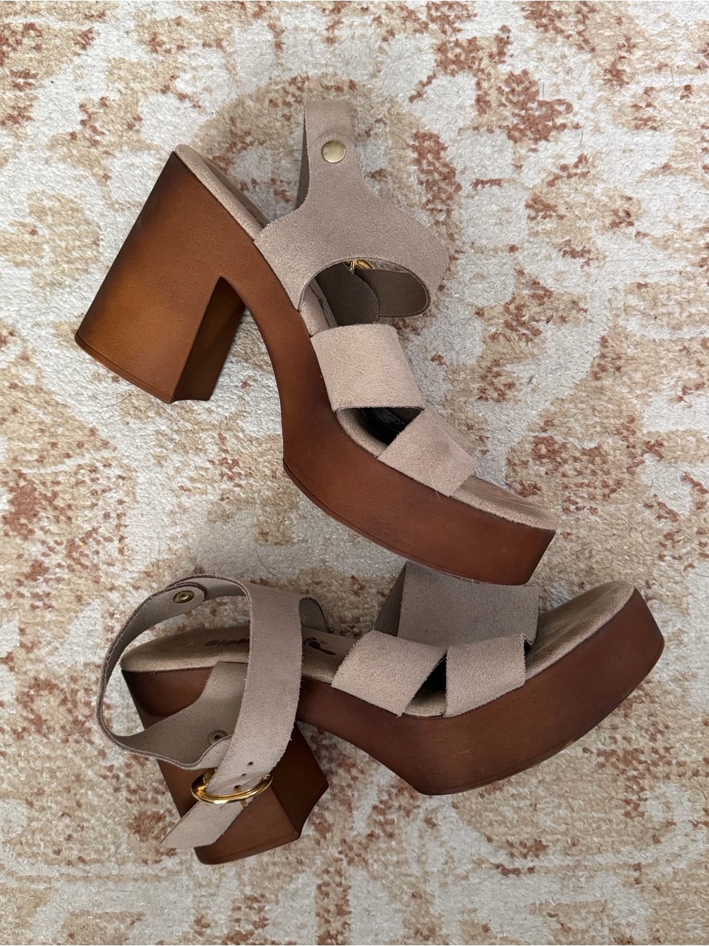 BioNatura Women's Platform Heels Leather Sandals Open Toe Strappy Taupe 7.5M